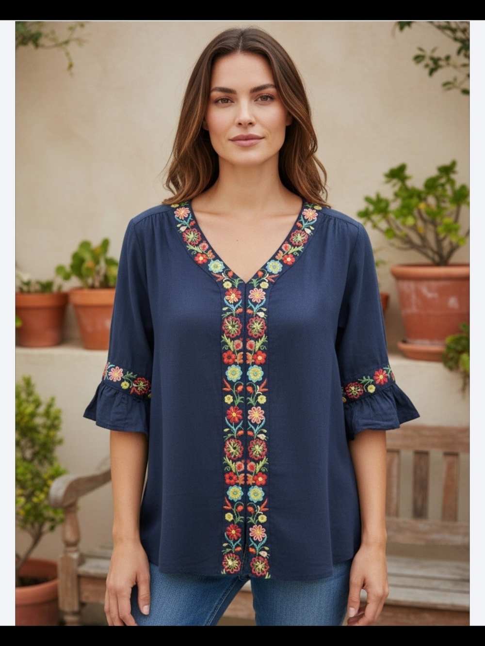 entro Navy Embroidered V-Neck Tunic